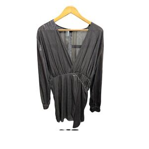 Womens Black Metallic Ruched V-Neck Long Sleeve Mini Dress Asymmetrical Hem